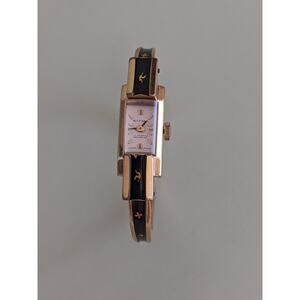 Vintage Ritma Manual Gold Tone Bangle Watch Black Enamel and Birds